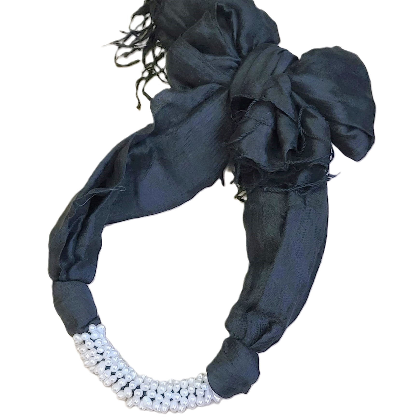 Jeweled geniune freshwater pearls & thai silk scarf - Black