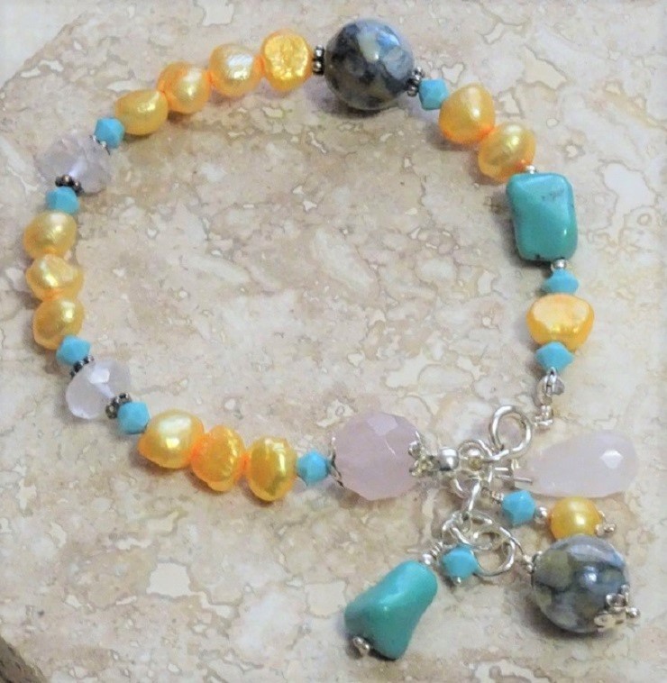 Freshwater Pearl, Quartz Turquoise Swaroski Crysal 925 Bracelet