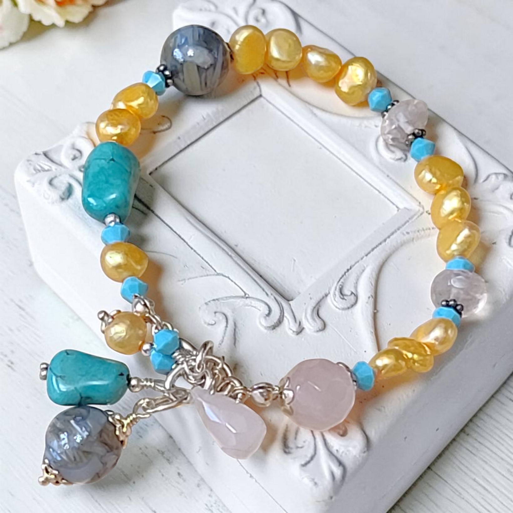 Freshwater Pearl, Quartz Turquoise Swaroski Crysal 925 Bracelet