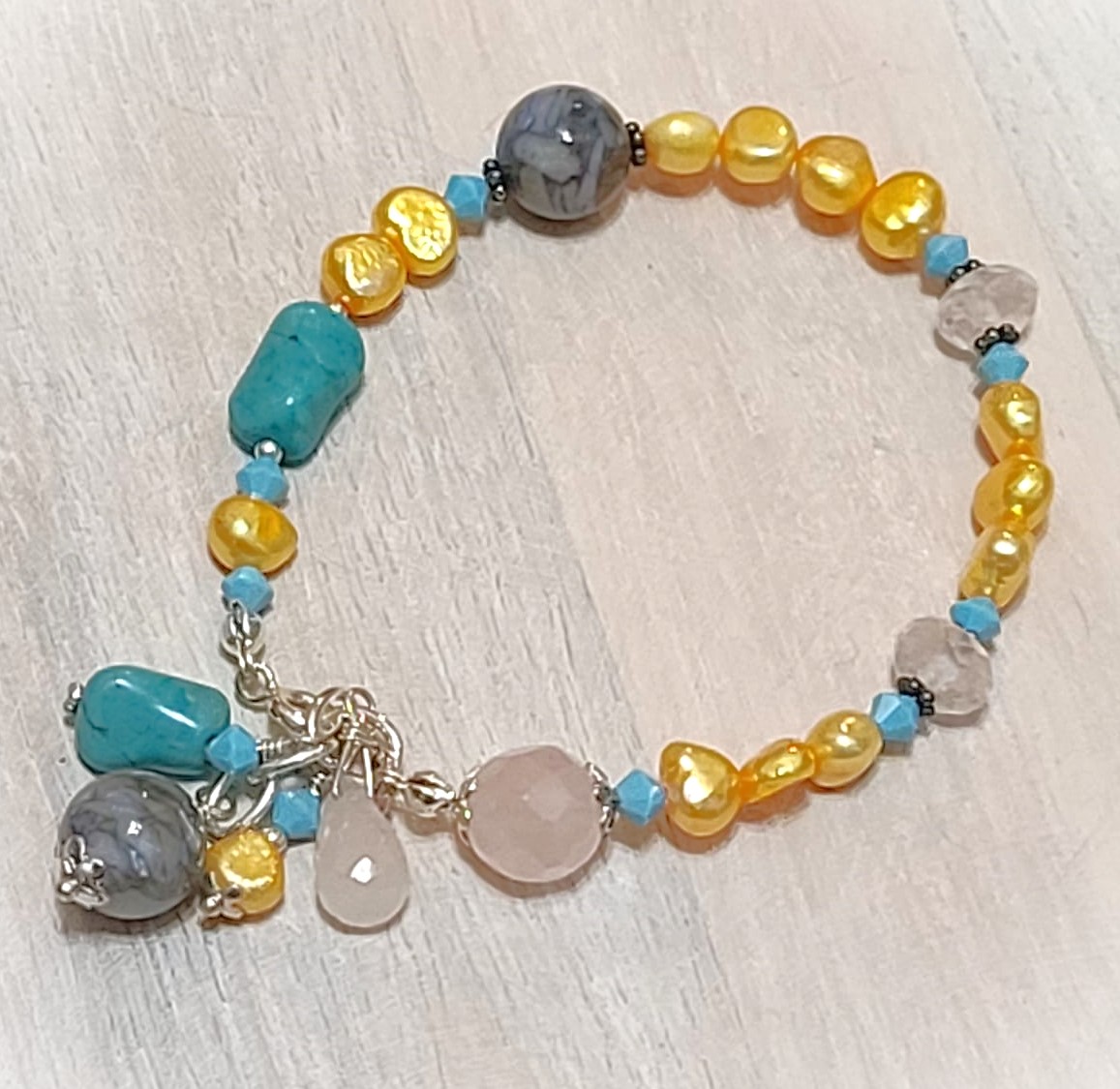 Freshwater Pearl, Quartz Turquoise Swaroski Crysal 925 Bracelet