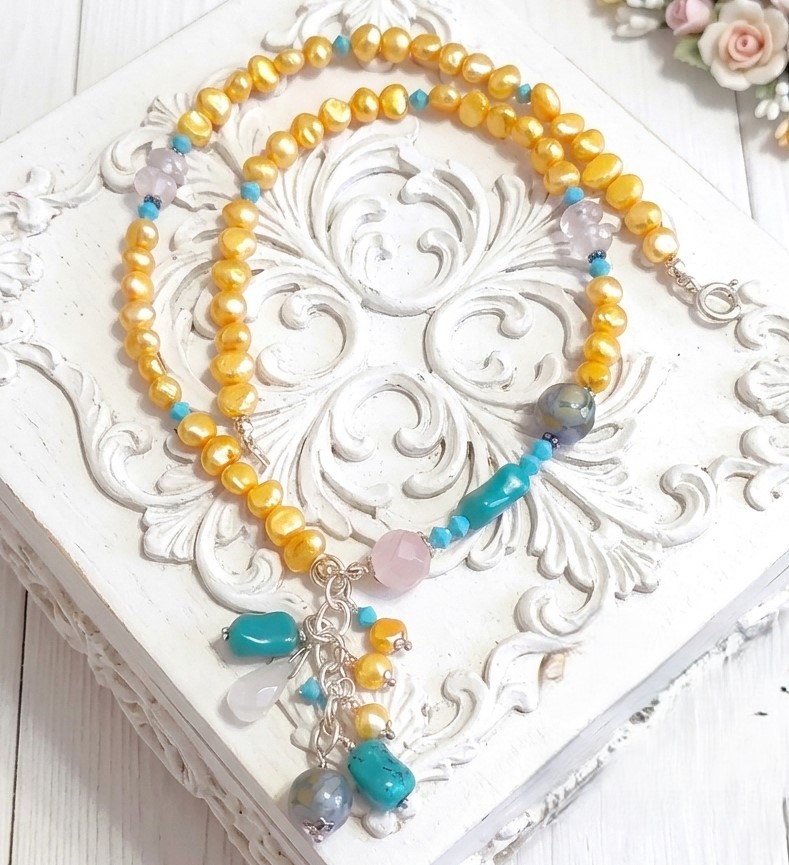 Gemstone lariat necklace, freshwater pearls, quartz and turquoise, 925 sterling silver accents