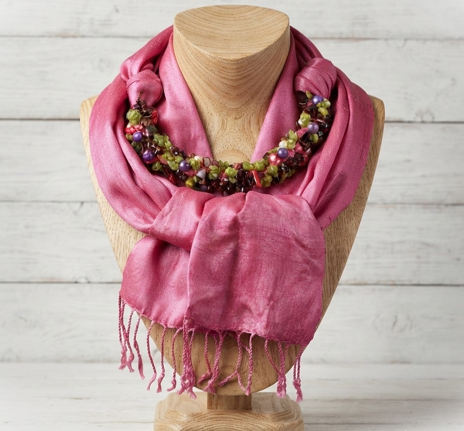 Jeweled Thai Silk Scarf with Gemstones Pink Jeweled Thai Silk Scarf with Gemstones Pink