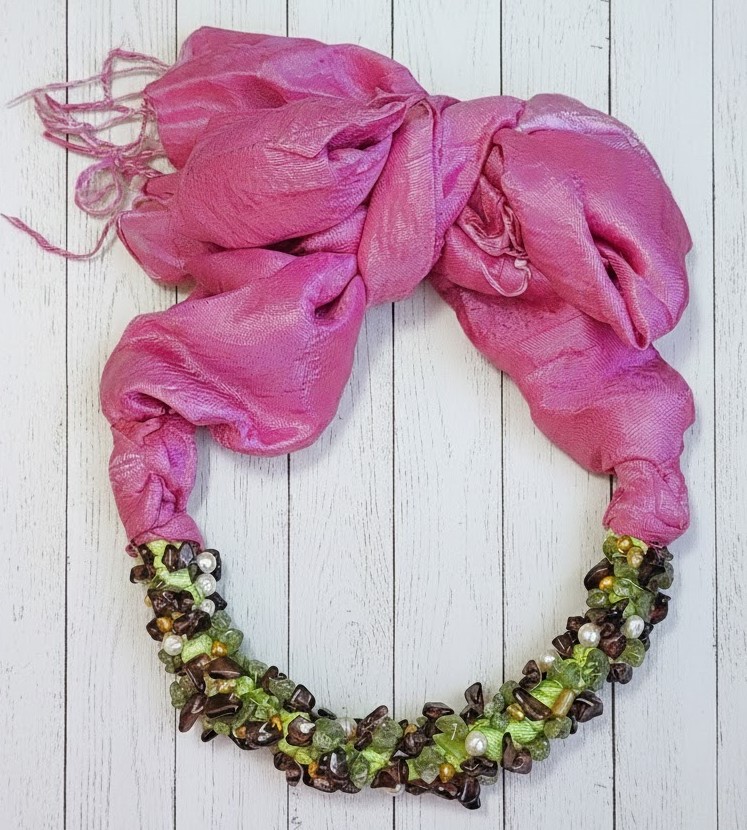 Jeweled Gemstones Thai Silk Scarf - Fushia