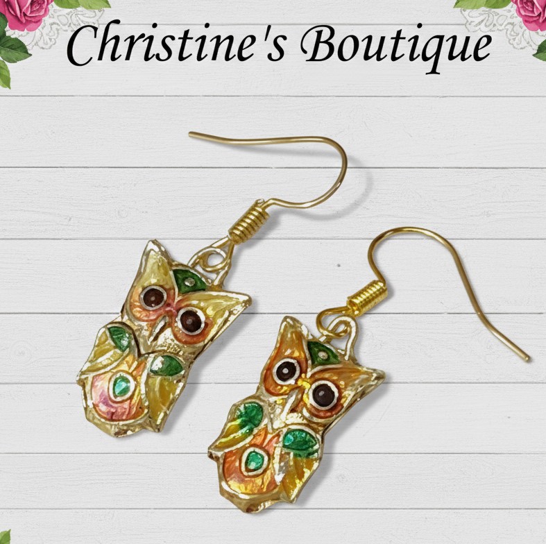 Cloisonne owl earrings, vintage pierced