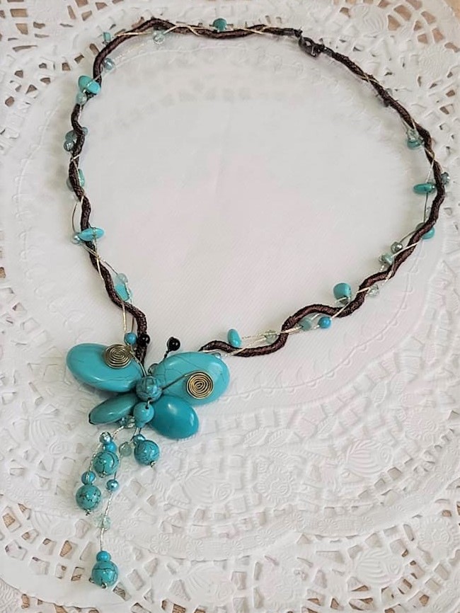 Butterfly Gemstones on Silk Cord w/925 SS Necklace