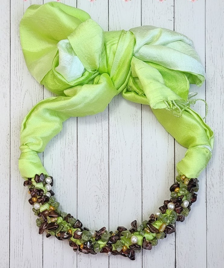 Jeweled Gemstones Thai Silk Scarf - Lime Green