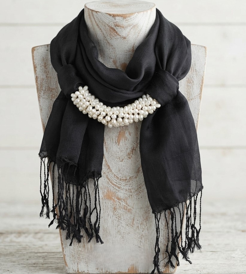 Jeweled Thai Silk Scarf with freshwater pearls Black