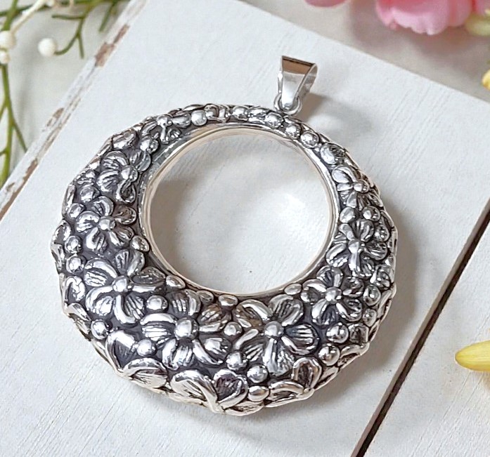 Sterling Silver 925 Floral 3D Pattern Pendant
