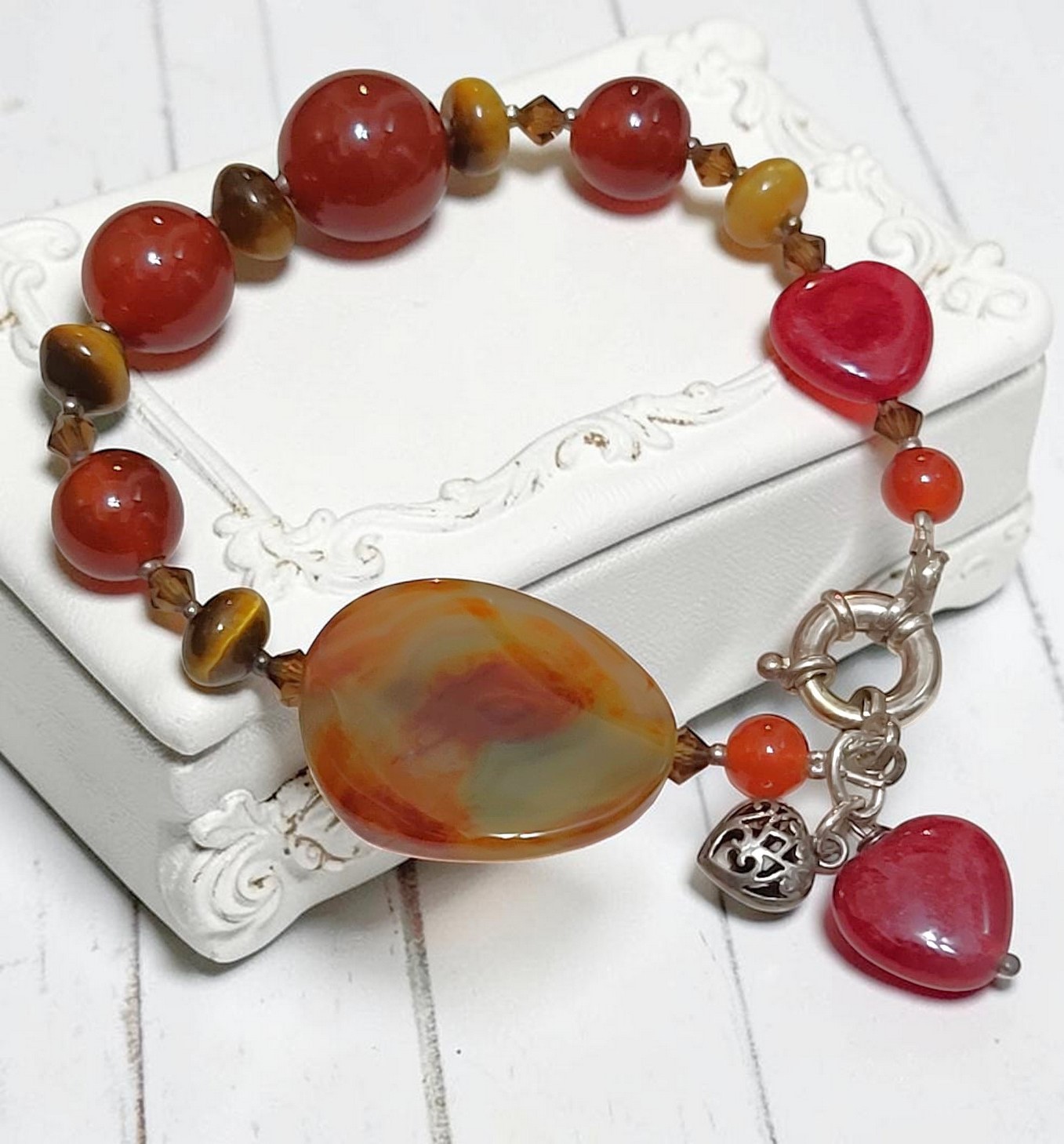Red Agate and Tiger Eye Gemstone Sterling Silver Bracelet