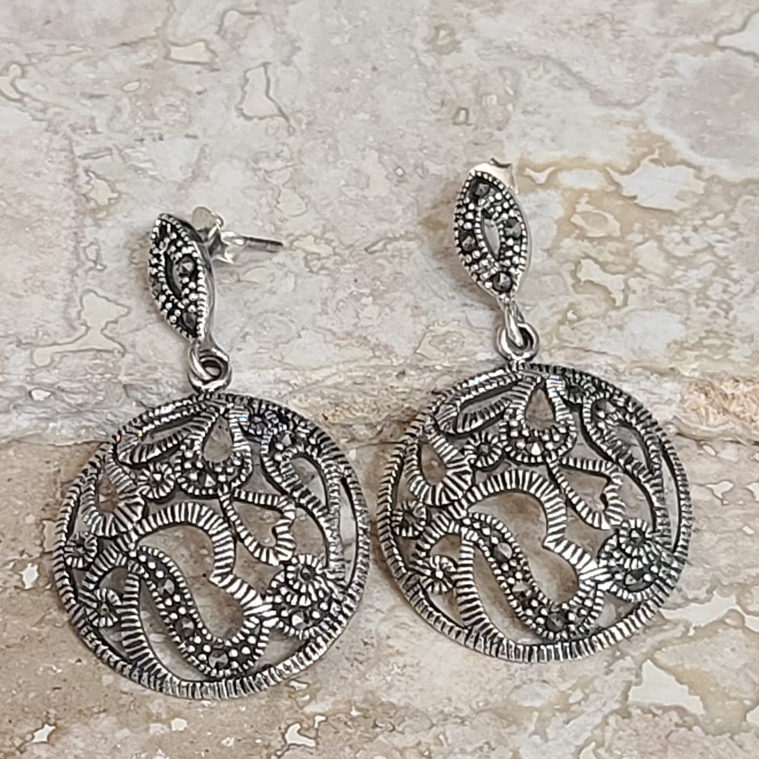 Marcasite & Sterling Silver Heart Earrings - Click Image to Close