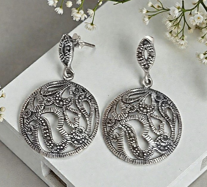 Marcasite & Sterling Silver Heart Earrings Marcasite & Sterling Silver Heart Earrings