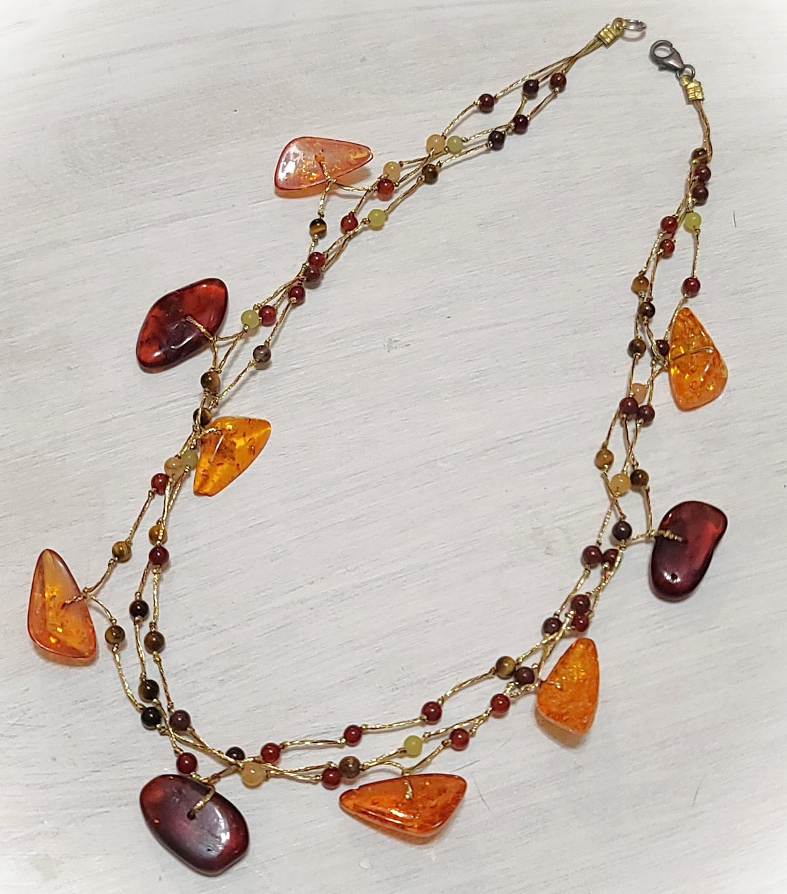 Amber, Agate & Jade Silk Cord Necklace 16"