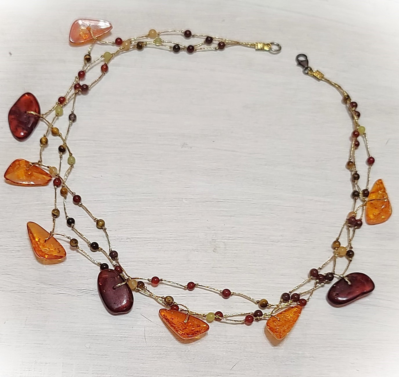 Amber, Agate & Jade Silk Cord Necklace 16"