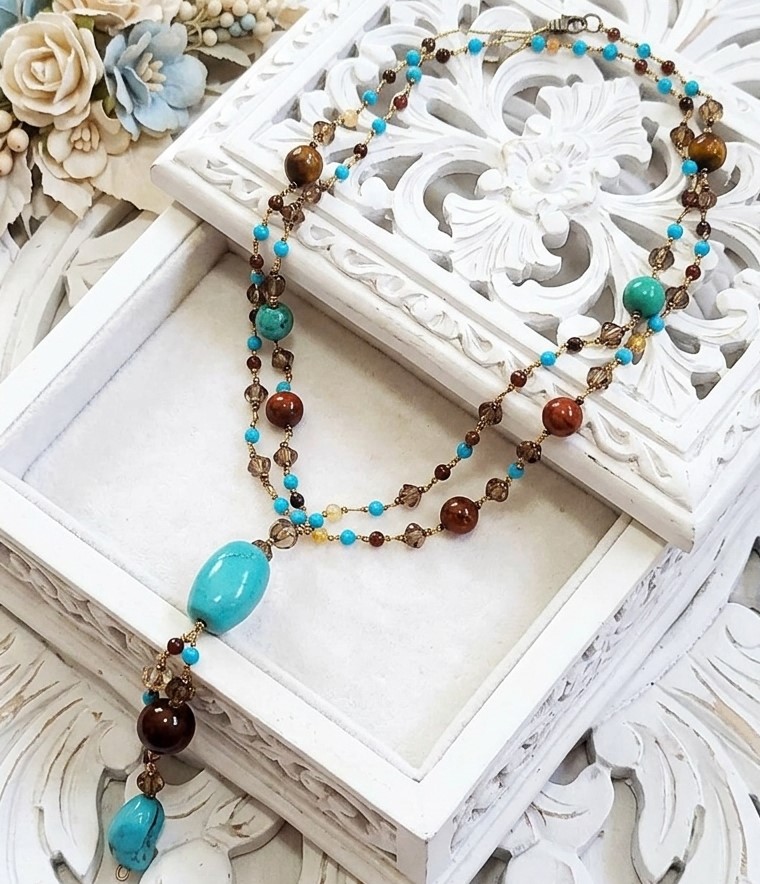 Gemstone Lariat Style Necklace with Turquoise, Agate and Tiger Eye