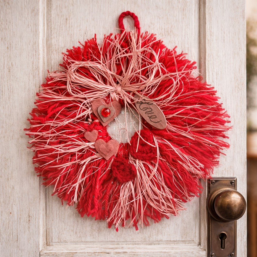 Mini yarn wreath ornament 7" Valentine's day hearts