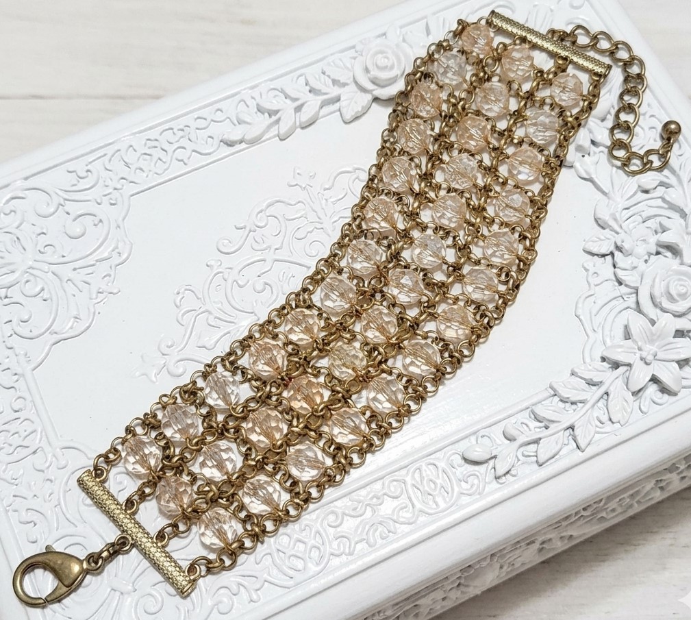 3 Row Chain and Blush Color Sparkly Bead Bracelet