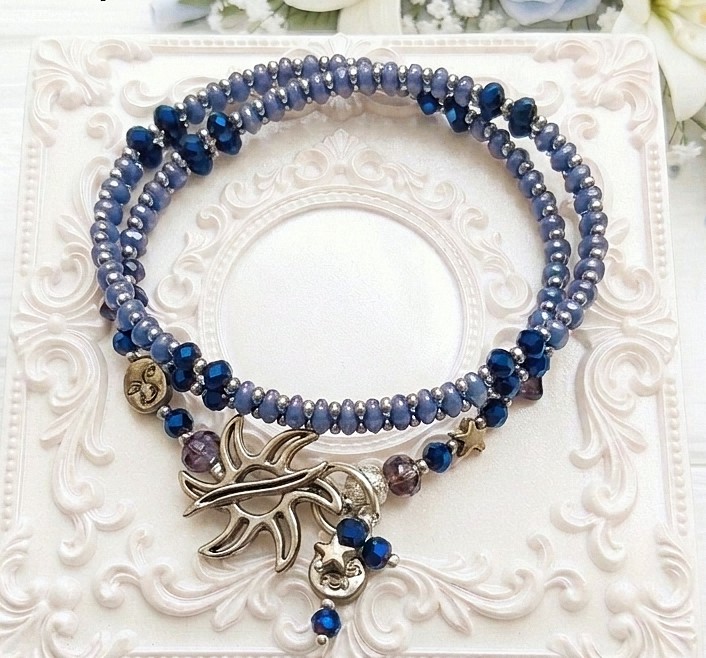 Miyuki Super Duo Glass Beads and Crystal Wrap Bracelet Moon and Stars