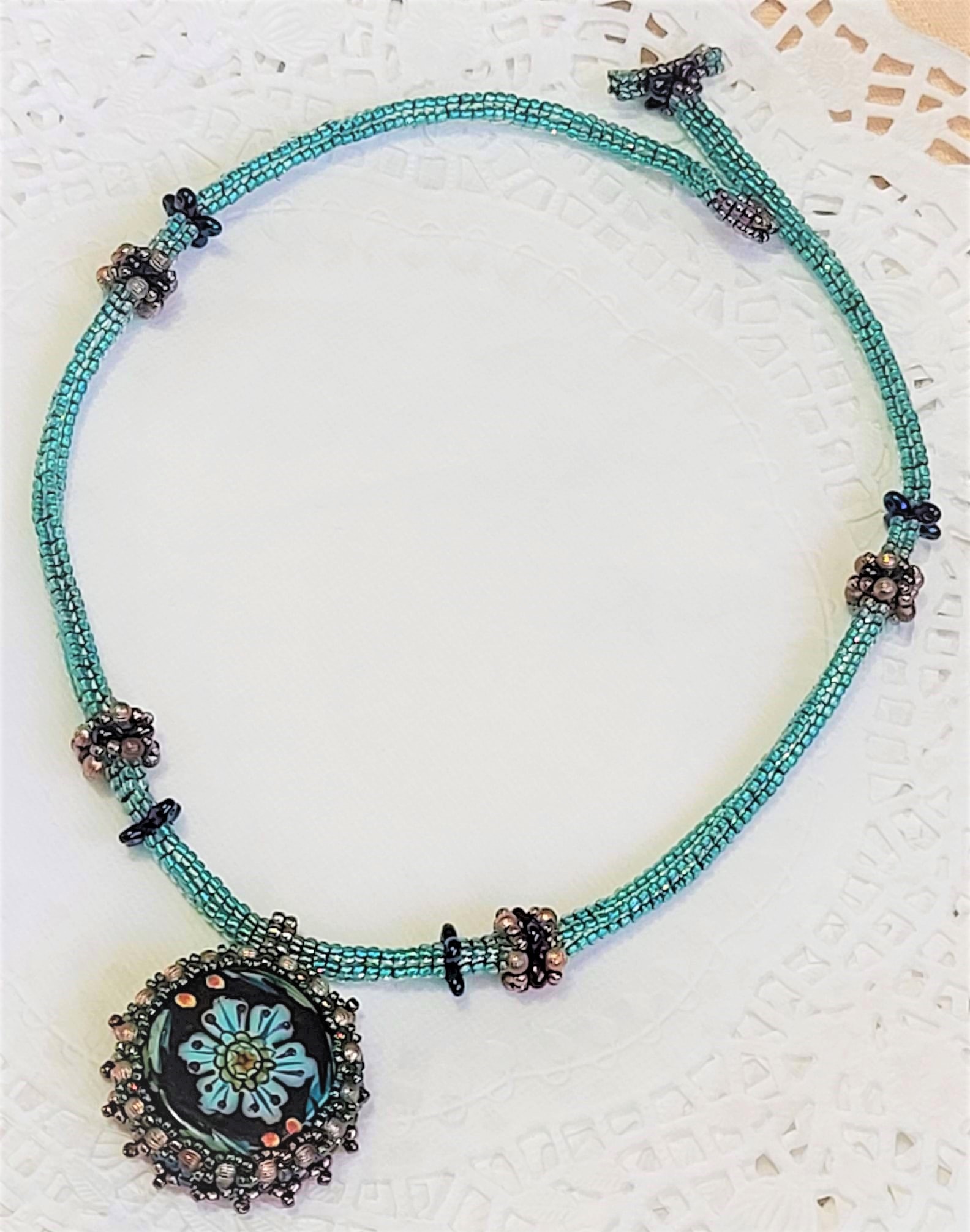Bead Weave Ceramic Flower Pendant Necklace