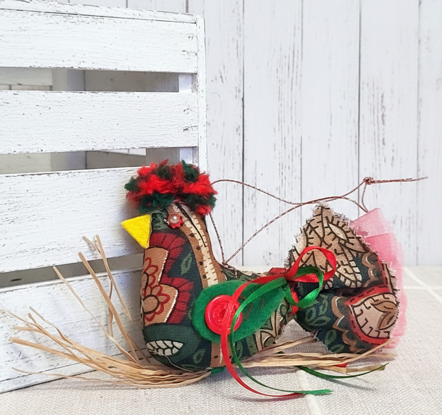 Whimsical bird on straw branch ornament -christmas colors Whimsical bird on straw branch ornament -christmas colors