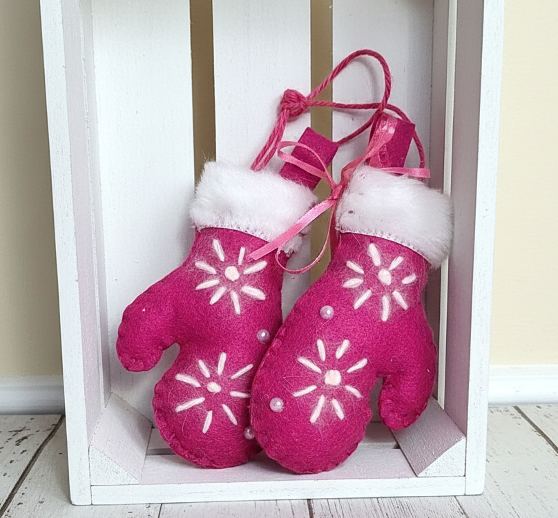 Mittens ornament pink felt with white stitching and fur trim