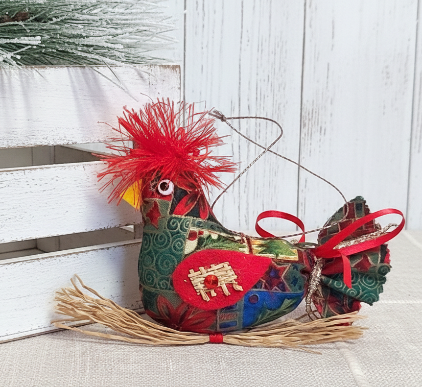 Whimsical bird on straw branch ornament -green and red