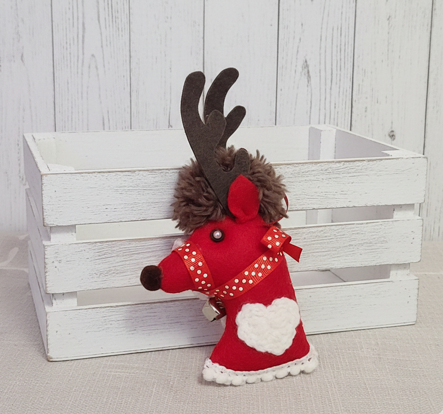 Felt reindeer christmas ornament - Red w/ brown antler
