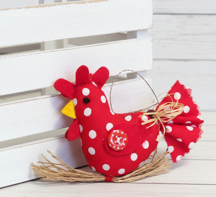 Country polka dot rooster ornament on straw branch -red & white