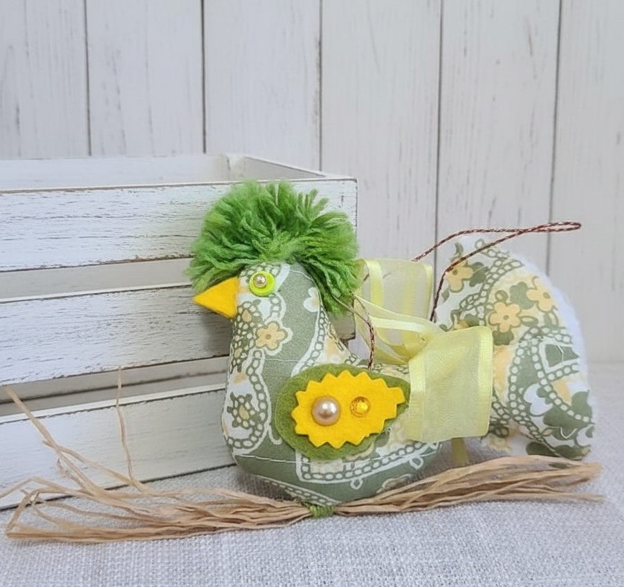 Shabby chic paisley print bird on straw perch -green yellow