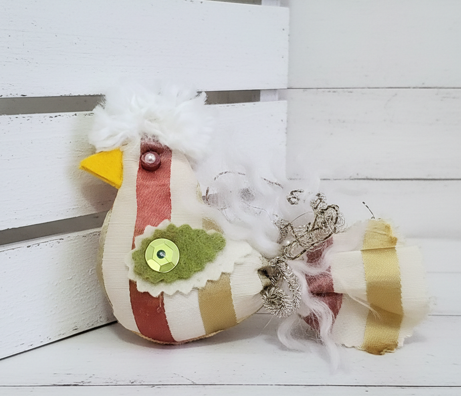 Shabby chic stripe print bird on straw perch - red green white