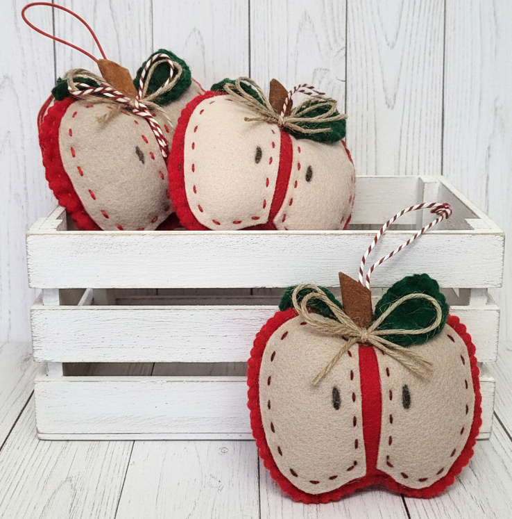 Apple felt ornament or bowl filler with crochet green leaves