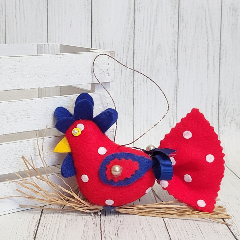 Country polka dot rooster ornament on straw branch -red & blue