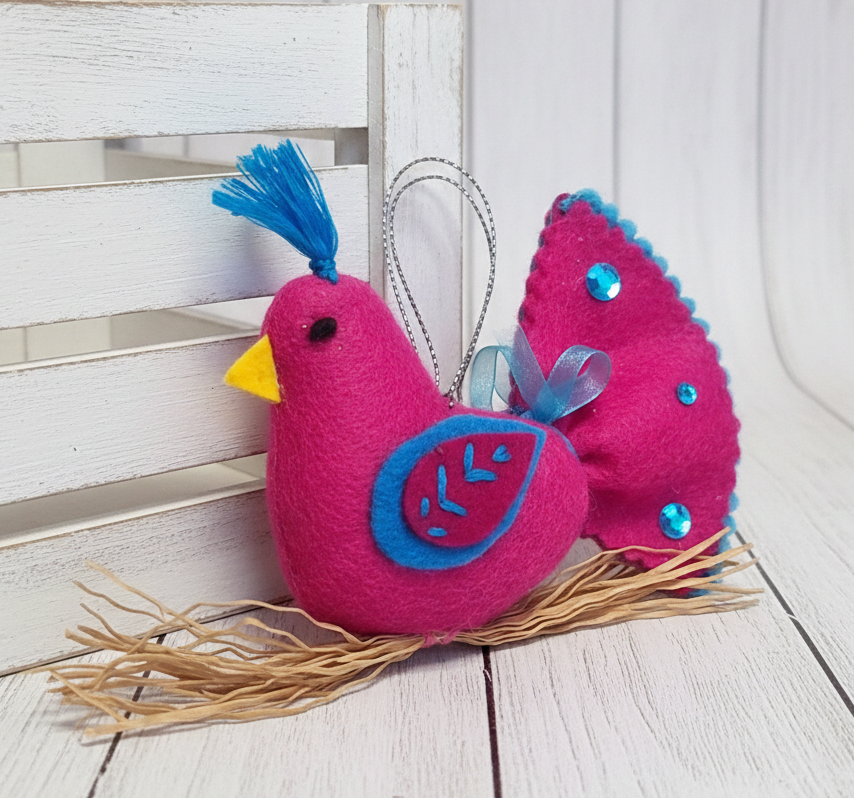 Whimsical felt bird on straw branch ornament - fushia color