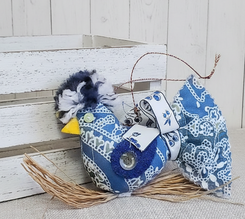 Shabby chic paisley print bird on straw perch -blue white