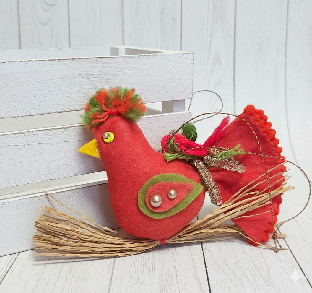 Whimsical felt bird on straw branch ornament - salmon color Whimsical felt bird on straw branch ornament - salmon color