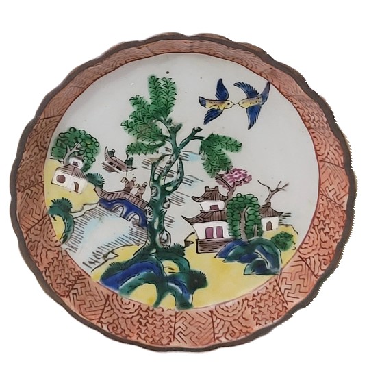 Antique Scalloped edge jewelry or coin plate handpainted signed hand painted occupied Japan Asian scence pagota bonazi and asian scene - Click Image to Close