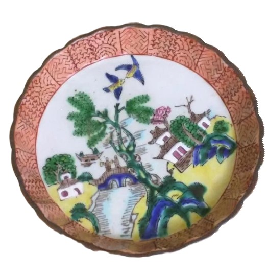 Antique Scalloped edge jewelry or coin plate handpainted signed hand painted occupied Japan Asian scence pagota bonazi and asian scene