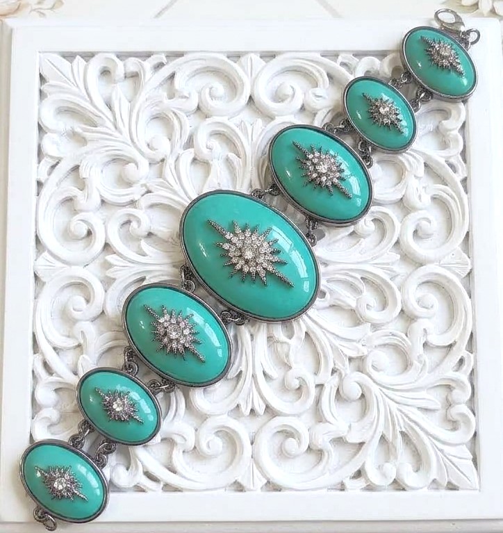 Victorian Style Bracelet with Turquoise Cabachons and Rhinestone Detail