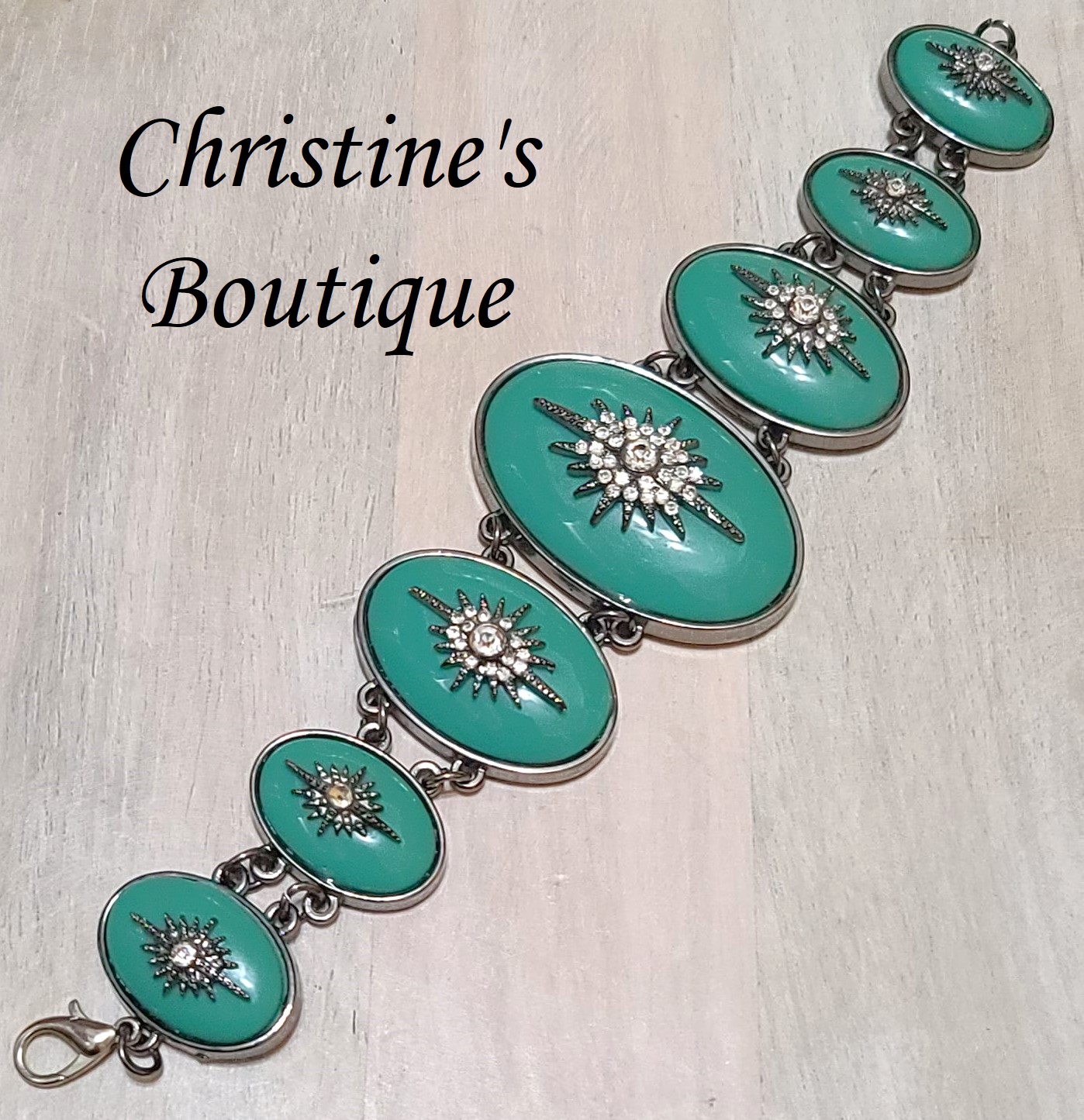 Victorian style bracelet, with turquoise panels and rhinestones - Click Image to Close