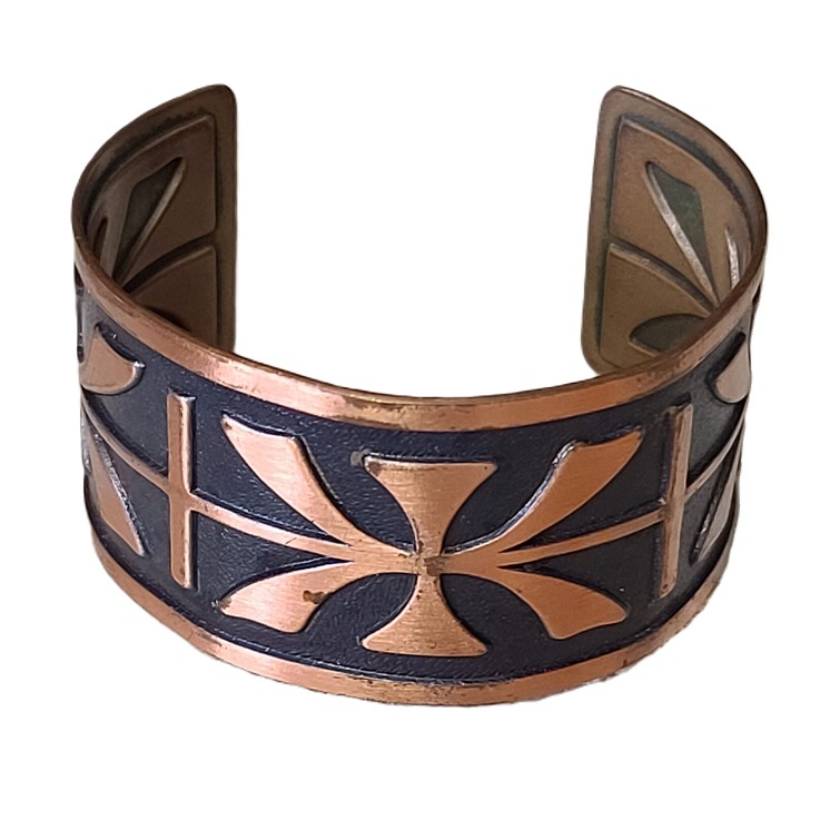 Copper Bracelet, vintage tribal pattern, signed copper C - Click Image to Close