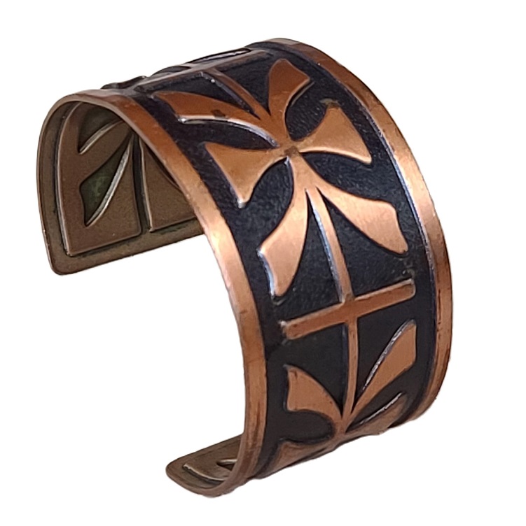 Copper Bracelet, vintage tribal pattern, signed copper C