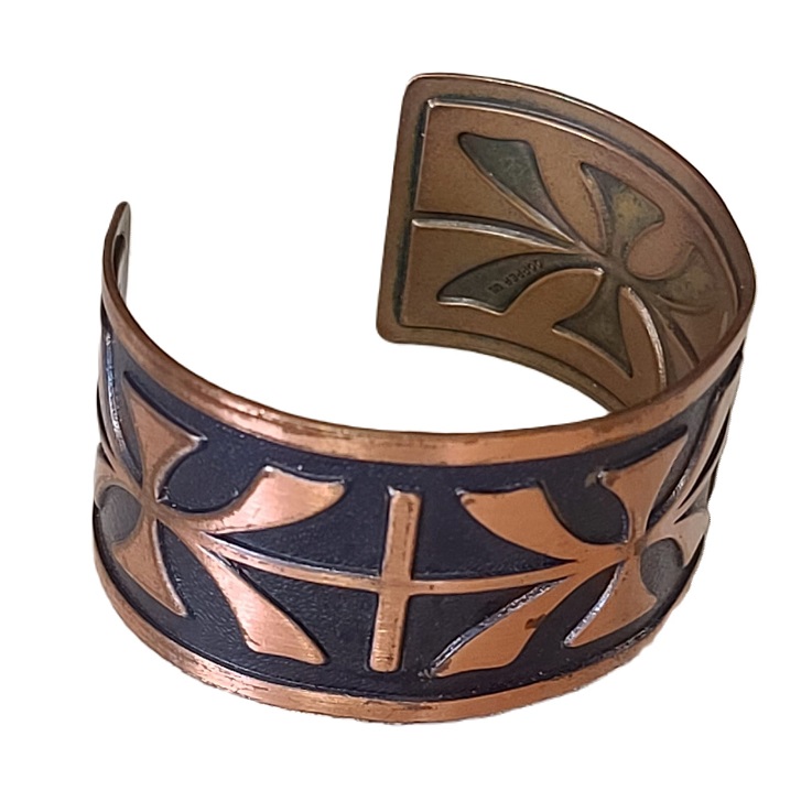 Copper Bracelet, vintage tribal pattern, signed copper C