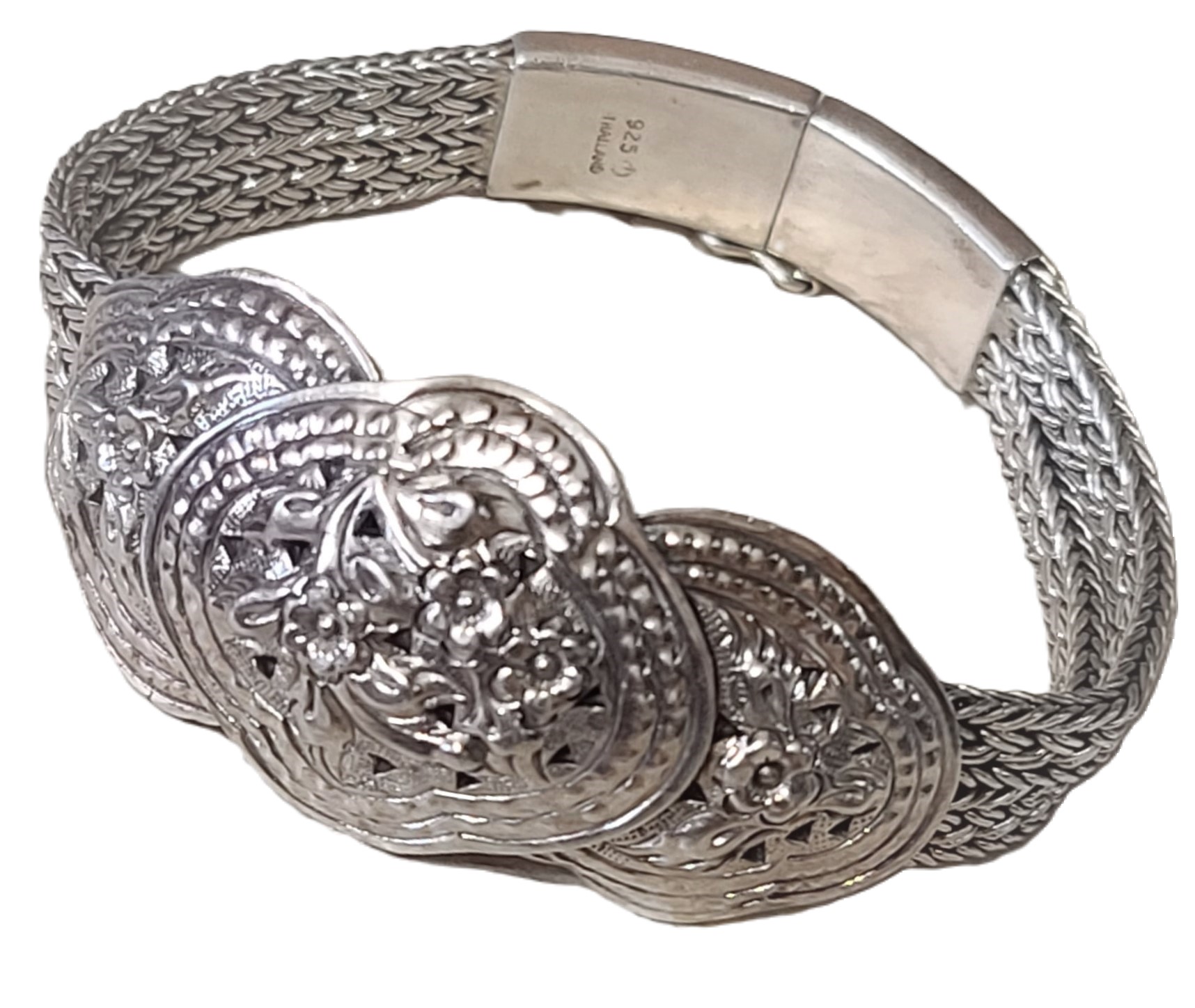 925 Sterling Silver braided two row flower motif bracelet