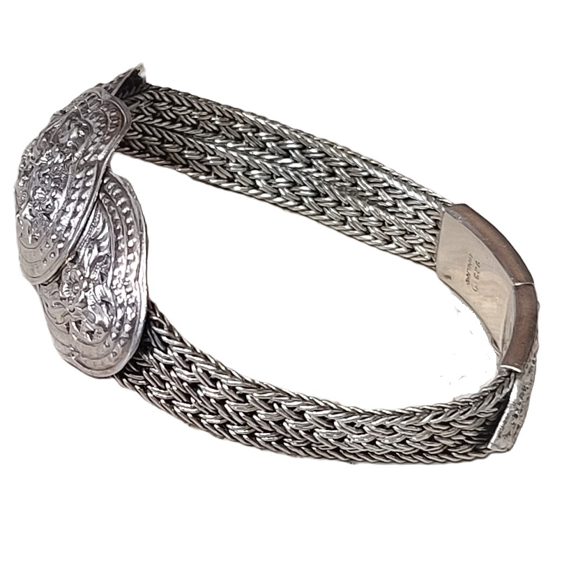 925 Sterling Silver braided two row flower motif bracelet