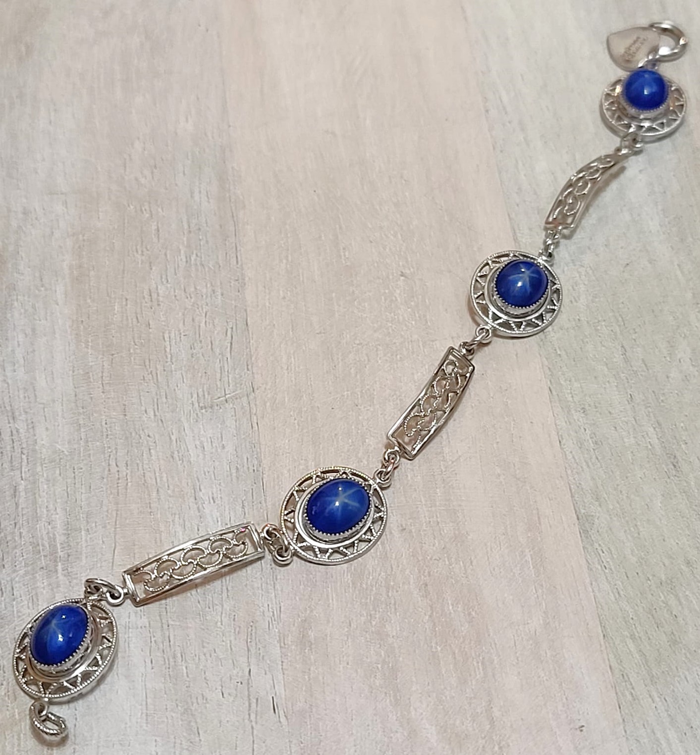 14KT GF bracelet, white gold filled GF with blue stone cabachons, filigree detail, vintage bracelet with heart charm
