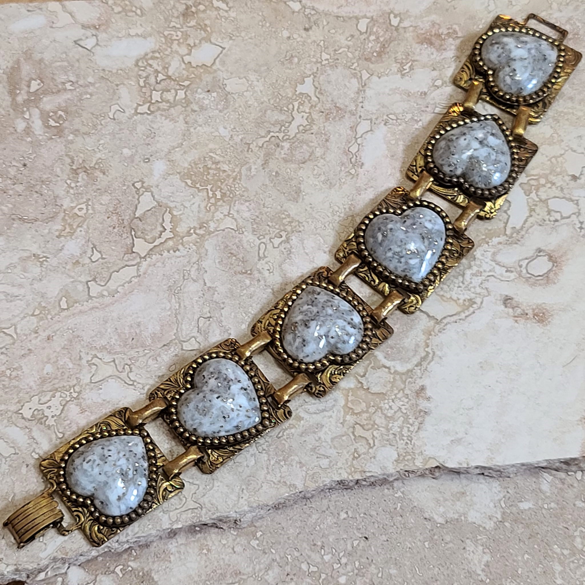 Confetti link heart panels vintage bracelet