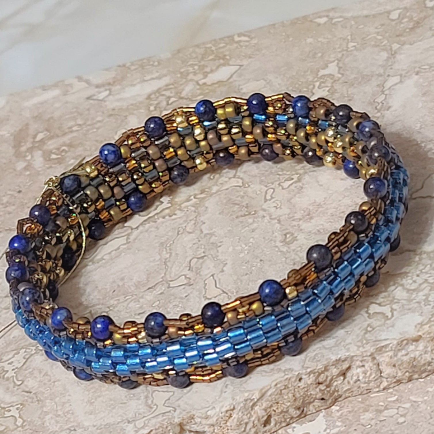 Beaded Miyuki Glass Bangle Bracelet Blue and bronze colors
