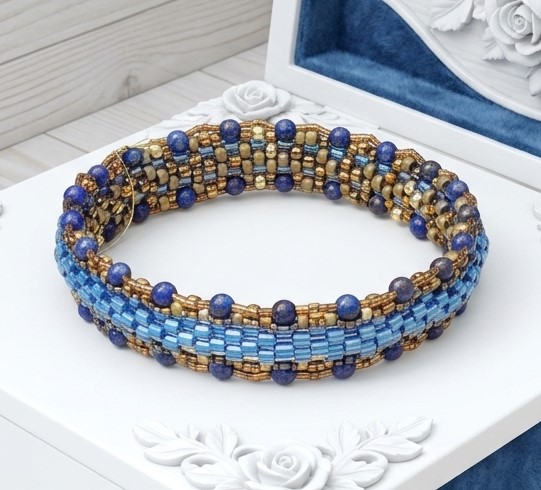 Miyuki Glass Bangle Bracelet with Blue Lapis Gemstone Accents