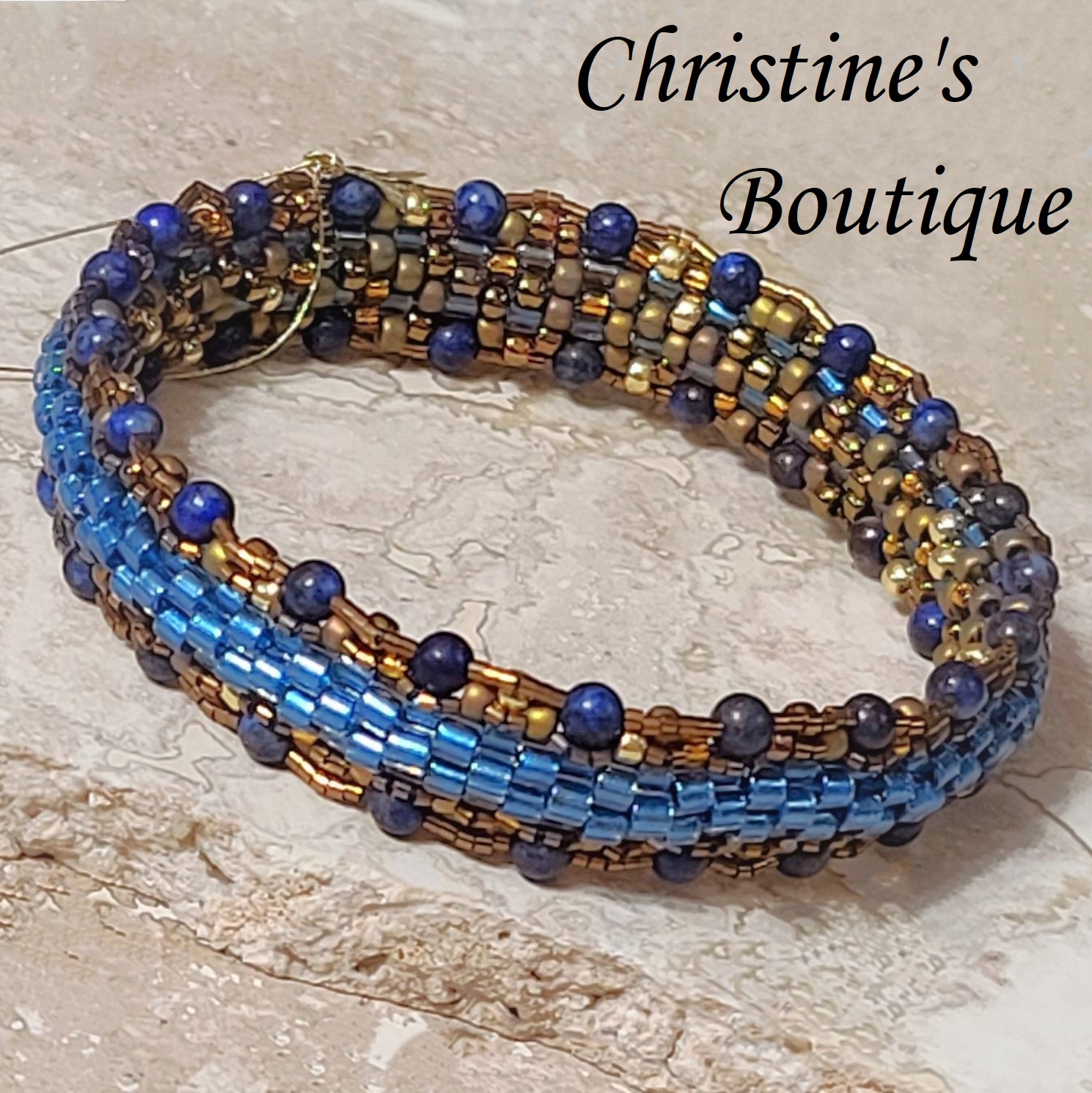 Beaded Miyuki Glass Bangle Bracelet Blue and bronze colors - Click Image to Close