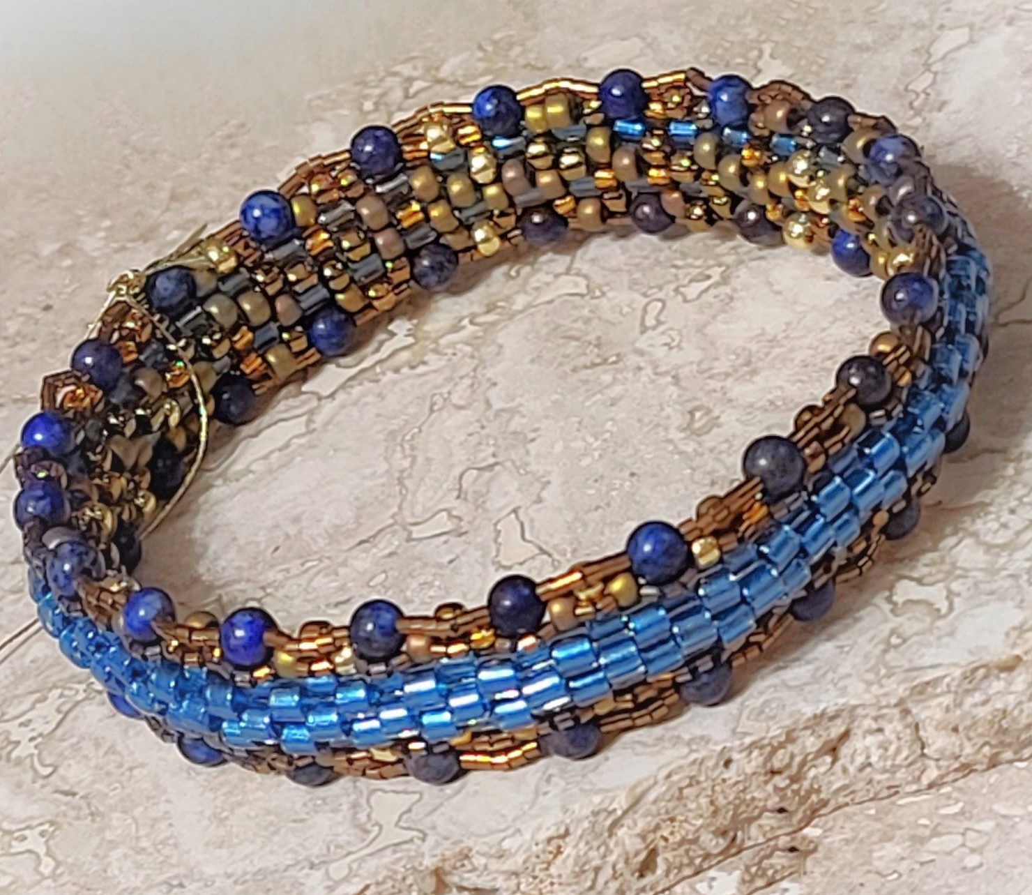 Beaded Miyuki Glass Bangle Bracelet Blue and bronze colors