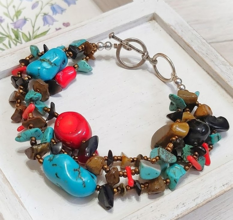 Gemstone nugget bracelet with 3 rows, dyed coral, turquoise, howlite, tiger eye